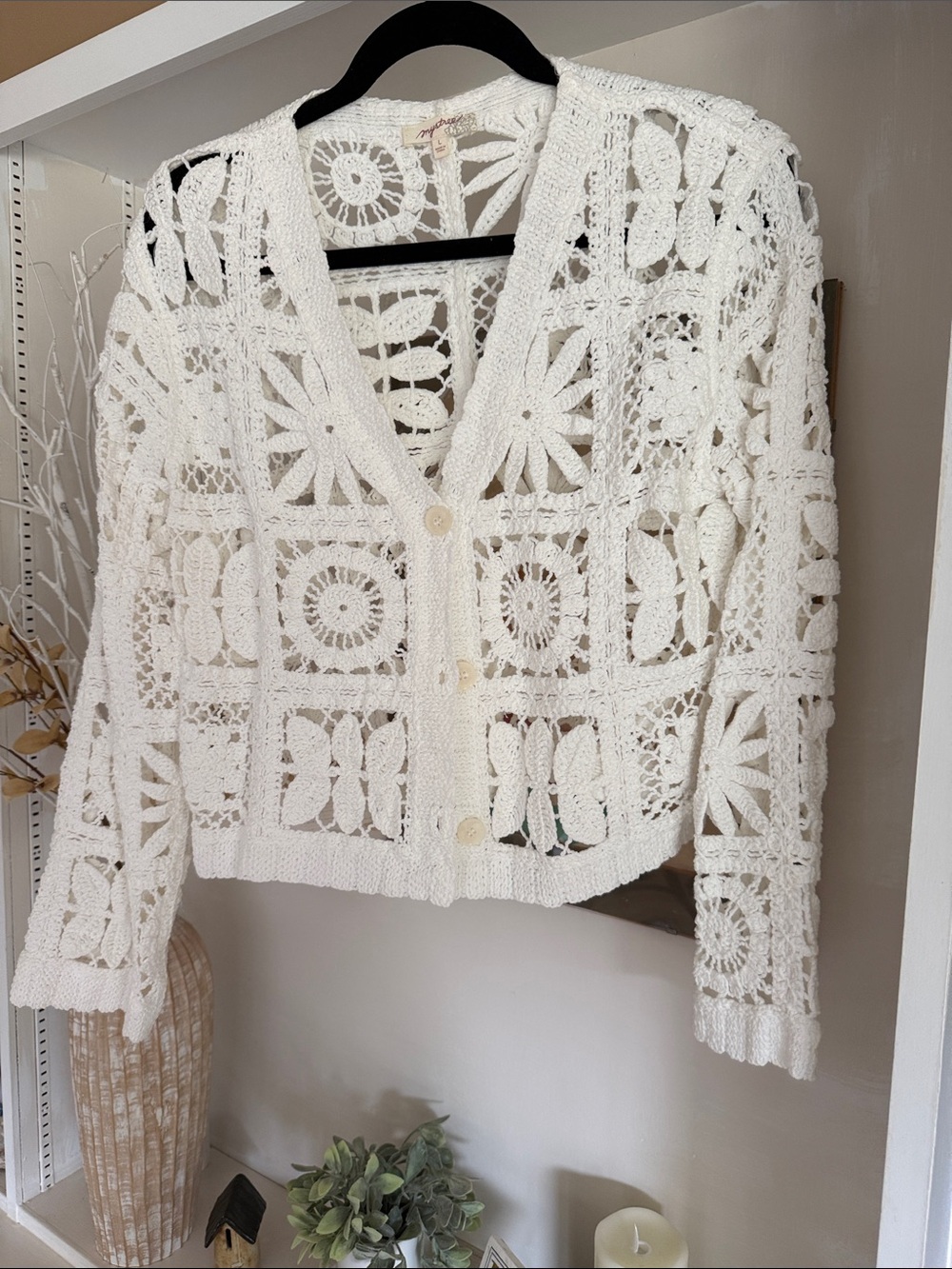 Mystery Women's White Crochet Button-Front Sweater Cardigan